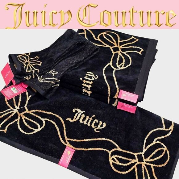 Juicy Couture Home Signature Logo Bow Oversized Plush Bath & Hand Towel Set - Picture 1 of 10
